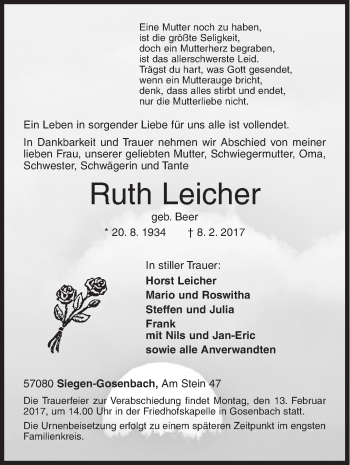 Traueranzeige von Ruth Leicher von Siegener Zeitung