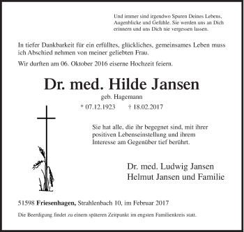 Traueranzeige von Hilde Jansen von Siegener Zeitung