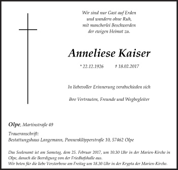 Traueranzeige von Anneliese Kaiser von Siegener Zeitung