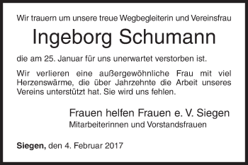 Traueranzeige von Ingeborg Schumann von Siegener Zeitung
