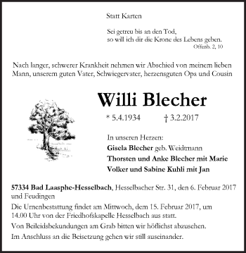Traueranzeige von Willi Blecher von Siegener Zeitung