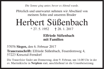 Traueranzeige von Herbert Süßenbach von Siegener Zeitung