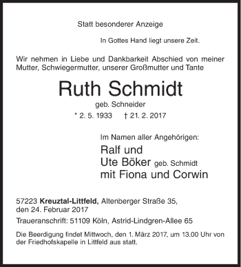 Traueranzeige von Ruth Schmidt von Siegener Zeitung