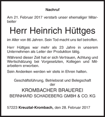 Traueranzeige von Heinrich Hüttges von Siegener Zeitung