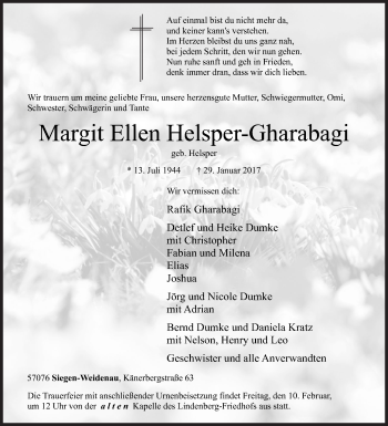 Traueranzeige von Margit Ellen Helsper-Gharabagi von Siegener Zeitung