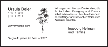 Traueranzeige von Ursula Beier von Siegener Zeitung