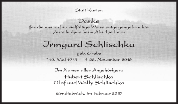 Traueranzeige von Irmgard Schlischka von Siegener Zeitung