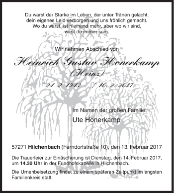 Traueranzeige von Heinrich Gustav Honerkamp von Siegener Zeitung