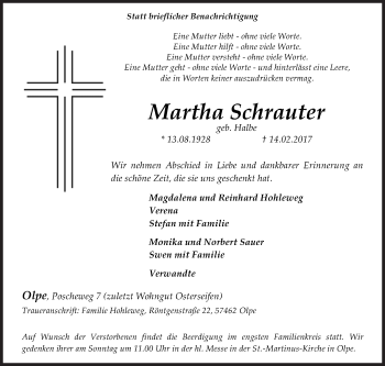 Traueranzeige von Martha Schrauter von Siegener Zeitung
