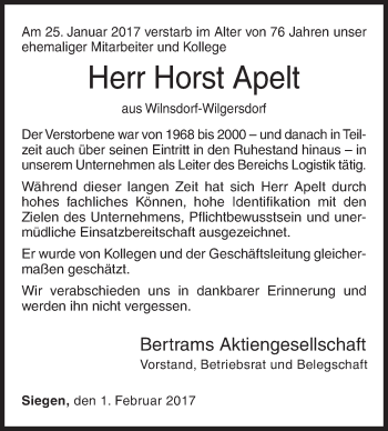 Traueranzeige von Horst Apelt von Siegener Zeitung
