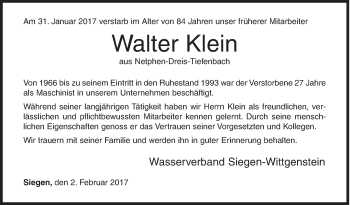 Traueranzeige von Walter Klein von Siegener Zeitung