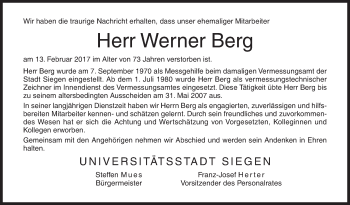 Traueranzeige von Werner Berg von Siegener Zeitung