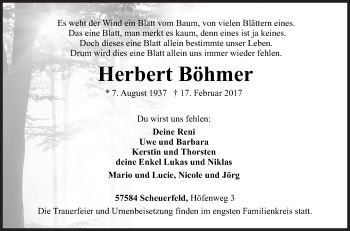 Traueranzeige von Herbert Böhmer von Siegener Zeitung