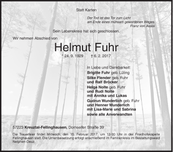 Traueranzeige von Helmut Fuhr von Siegener Zeitung