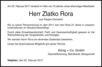 Traueranzeige von Zlatko Rora von Siegener Zeitung