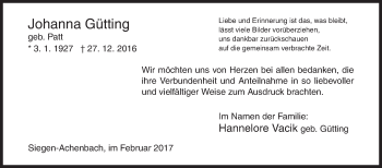Traueranzeige von Johanna Gütting von Siegener Zeitung