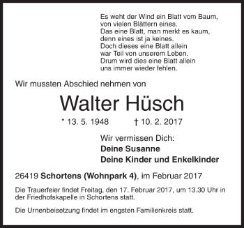 Traueranzeige von Walter Hüsch von Siegener Zeitung