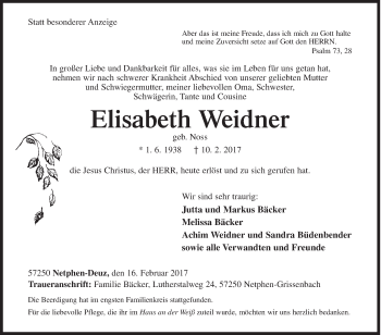 Traueranzeige von Elisabeth Weidner von Siegener Zeitung