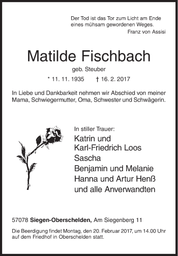 Traueranzeige von Matilde Fischbach von Siegener Zeitung