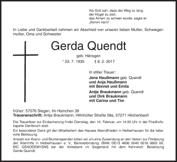 Traueranzeige von Gerda Quendt von Siegener Zeitung
