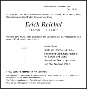 Traueranzeige von Erich Reiche von Siegener Zeitung