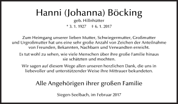 Traueranzeige von Johanna Böcking von Siegener Zeitung