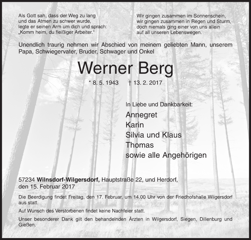  Traueranzeige für Werner Berg vom 15.02.2017 aus Siegener Zeitung