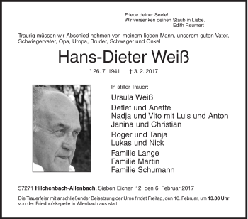 Traueranzeige von Hans-Dieter Weiß von Siegener Zeitung