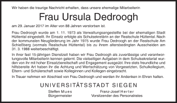 Traueranzeige von Ursula Dedroogh von Siegener Zeitung