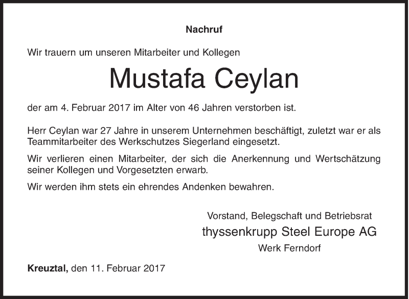  Traueranzeige für Mustafa Ceylan vom 11.02.2017 aus Siegener Zeitung