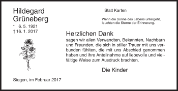 Traueranzeige von Hildegard Grüneberg von Siegener Zeitung