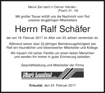 Traueranzeige von Ralf Schäfer von Siegener Zeitung
