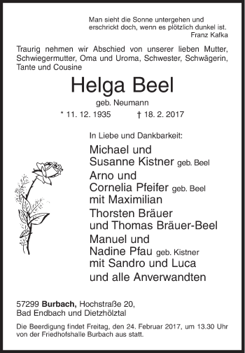 Traueranzeige von Helga Beel von Siegener Zeitung
