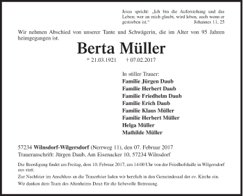 Traueranzeige von Berta Müller von Siegener Zeitung