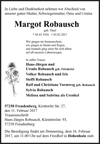 Traueranzeige von Margot Robausch von Siegener Zeitung