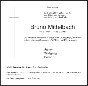 Traueranzeige von Bruno Mittelbach von Siegener Zeitung