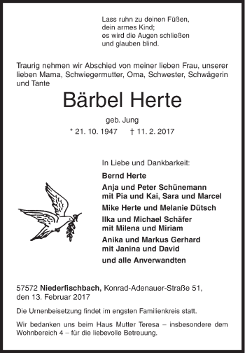 Traueranzeige von Bärbel Herte von Siegener Zeitung