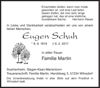 Traueranzeige von Eugen Schuh von Siegener Zeitung