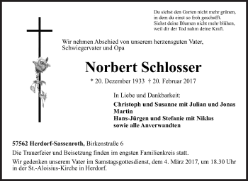 Traueranzeige von Norbert Schlosser von Siegener Zeitung