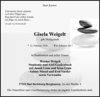 Traueranzeige von Gisela Weigelt von Siegener Zeitung