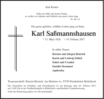 Traueranzeige von Karl Saßmannshausen von Siegener Zeitung