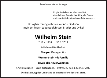 Traueranzeige von Wilhelm Stein von Siegener Zeitung
