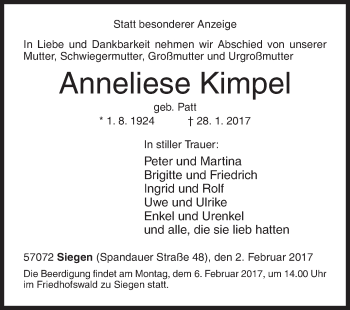 Traueranzeige von Anneliese Kimpel von Siegener Zeitung