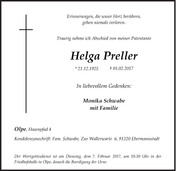 Traueranzeige von Helga Preller von Siegener Zeitung