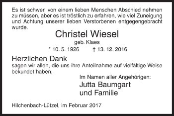 Traueranzeige von Christel Wiesel von Siegener Zeitung