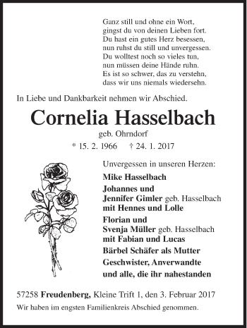 Traueranzeige von Cornelia Hasselbach von Siegener Zeitung