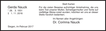 Traueranzeige von Gerda Nauck von Siegener Zeitung