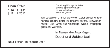 Traueranzeige von Dora Stein von Siegener Zeitung
