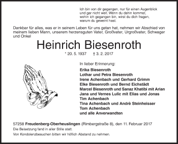 Traueranzeige von Heinrich Biesenroth von Siegener Zeitung