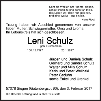 Traueranzeige von Leni Schulz von Siegener Zeitung